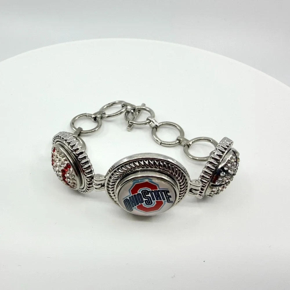 Silver Tone Red White Rhinestone Collegiate Fan Bracelet Ohio Sports Team Boho